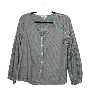 Crown & Ivy Petite PL Black White Striped Green Cactus Embroidered Cotton Blouse